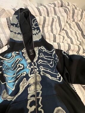 Cactus Black Hoodie with Blue and Gray Skeleton Print
